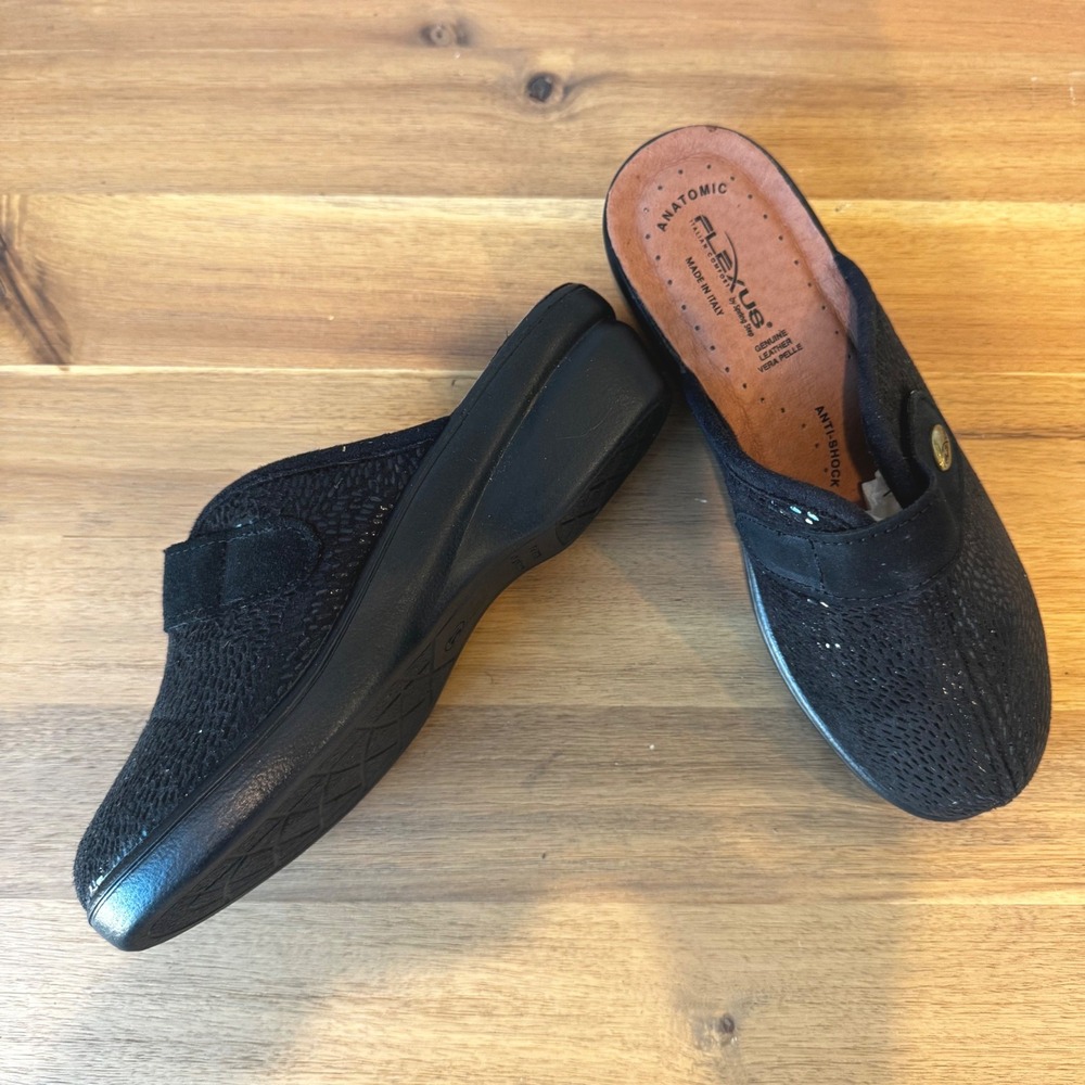 Flexus by Spring Step Women 6.5-7 EU 37 Black Textured Comfort Slide Mules Italy